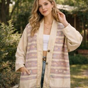 Vtg Reversible Boho Kimono Jacket Cotton Fringe Patchwork Pastel Stripe L
